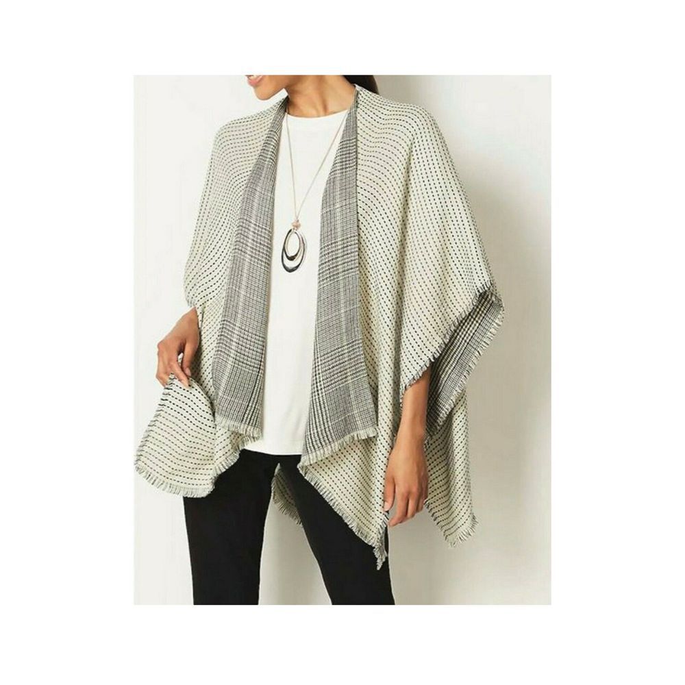 J. Jill Reversible Glen Plaid Ruana Fringed Sweater Poncho One Size